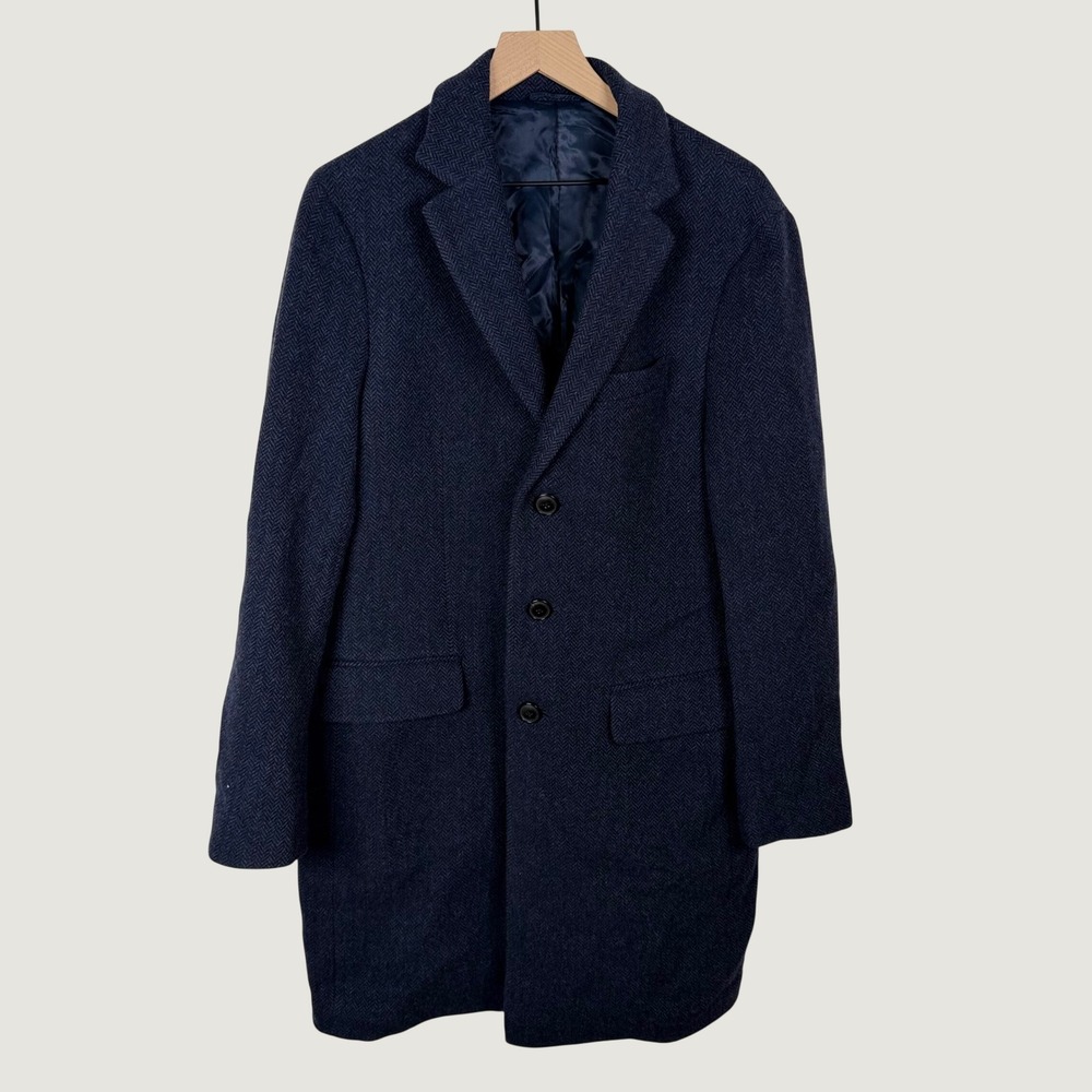 Banana Republic Mens Mario Bellucci Italian Wool Herringbone Topcoat Blue Medium